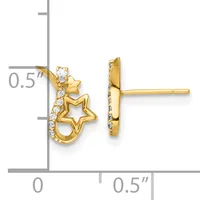 Gold star stud earrings with cubic zirconia accents, shown front and side view with measurement scale indicating approximately 0.5 inch height.