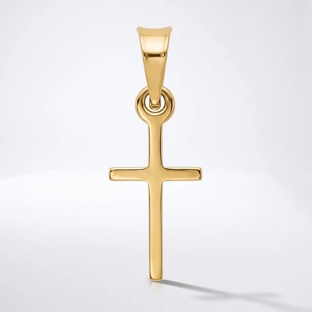 A polished gold cross pendant with a rectangular bail loop at the top, displayed against a white background.