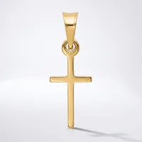 A polished gold cross pendant with a rectangular bail loop at the top, displayed against a white background.
