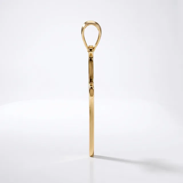 A polished brass shoehorn with an elongated handle and a teardrop-shaped loop at the top, shown standing upright against a white background.