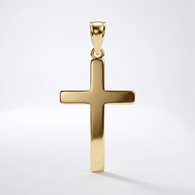 A polished gold cross pendant with a rectangular bail loop at the top, displayed against a white background with a soft shadow beneath it.
