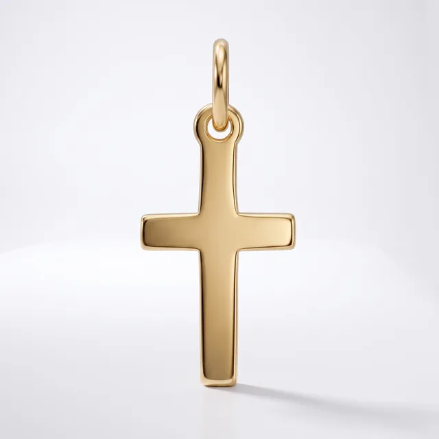 A polished gold cross pendant with a rounded loop at the top, displayed against a white background.