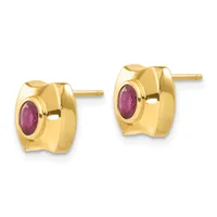 A pair of gold stud earrings with polished rectangular frames, each featuring a bezel-set oval purple gemstone in the center.