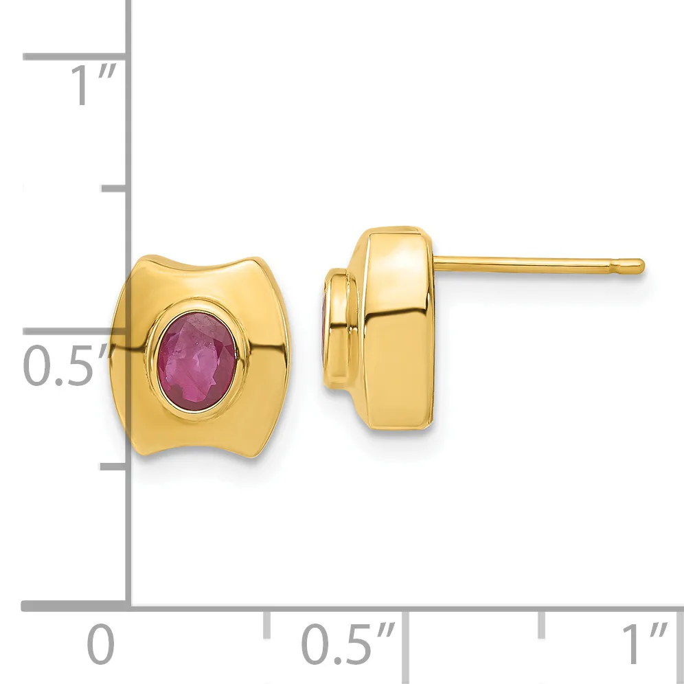 Pair of gold stud earrings with oval purple gemstones set in curved rectangular bezels, shown front and side view against a measurement scale.