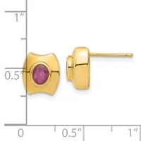 Pair of gold stud earrings with oval purple gemstones set in curved rectangular bezels, shown front and side view against a measurement scale.