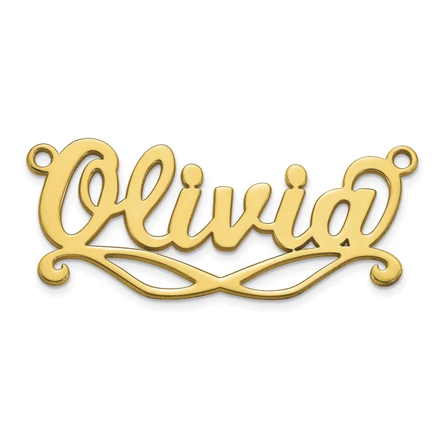 Gold-colored metal nameplate pendant with the name Layla in cursive script, featuring decorative scrollwork at the ends and ornamental flourishes beneath the text.