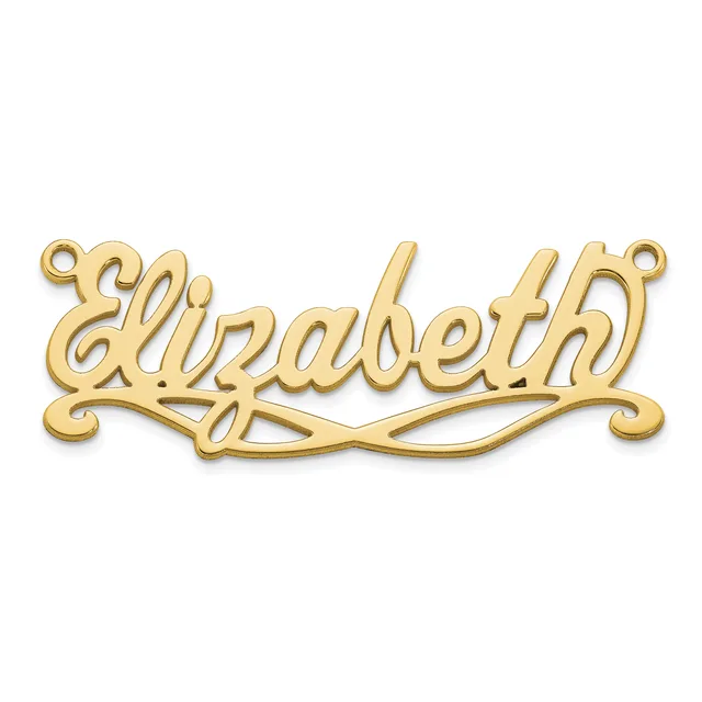 Gold-toned nameplate pendant spelling "Elizabeth" in cursive script with decorative scrollwork flourishes and small loops at each end for attaching to a chain.