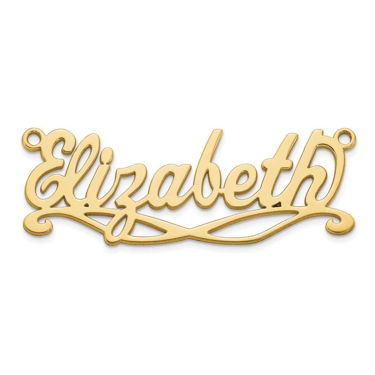 Gold-toned nameplate pendant spelling "Elizabeth" in cursive script with decorative scrollwork flourishes and small loops at each end for attaching to a chain.