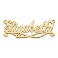 Gold-toned nameplate pendant spelling "Elizabeth" in cursive script with decorative scrollwork flourishes and small loops at each end for attaching to a chain.