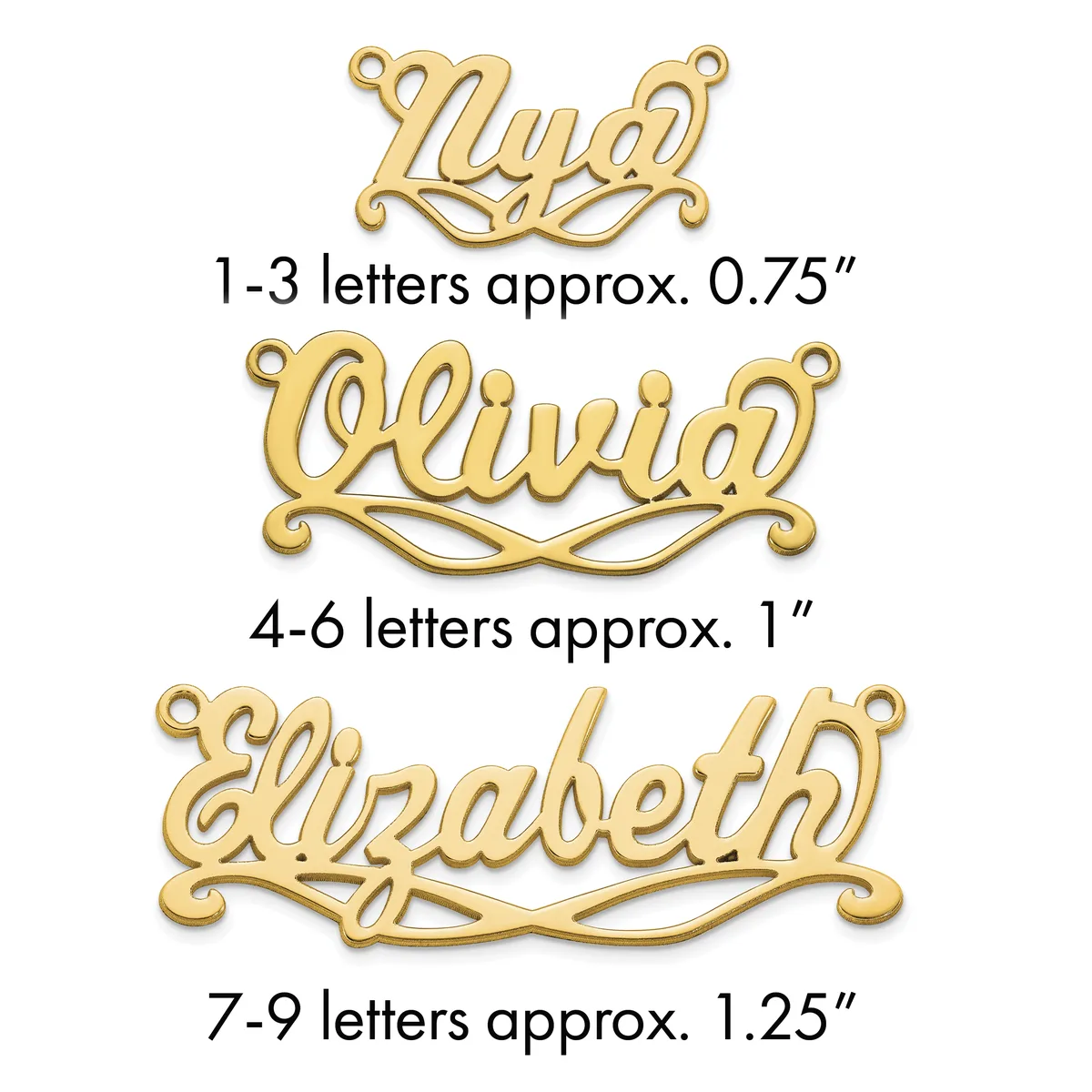 Three gold-toned name pendants with decorative flourishes, labeled by letter count and approximate size from 0.75 to 1.25 inches.