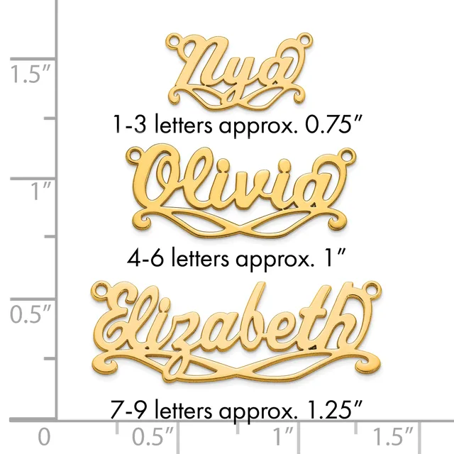 Three gold-colored name pendants of increasing size displayed against a ruler showing approximate heights from 0.75 to 1.25 inches for one to nine letters.