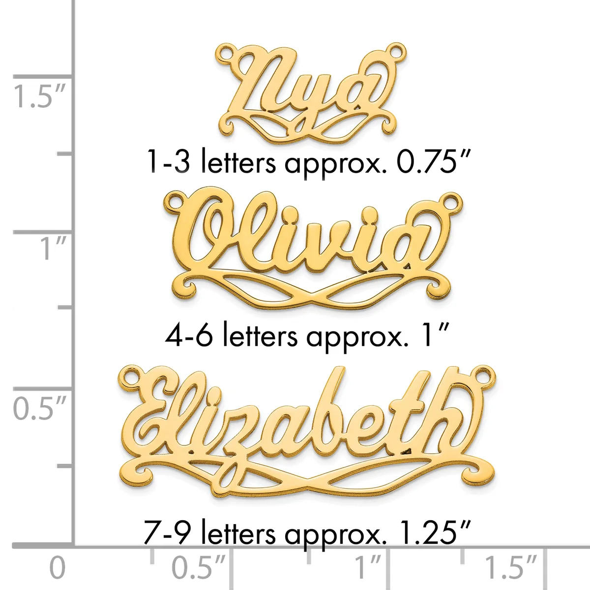 Three gold-colored name pendants of increasing size displayed against a ruler showing approximate heights from 0.75 to 1.25 inches for one to nine letters.