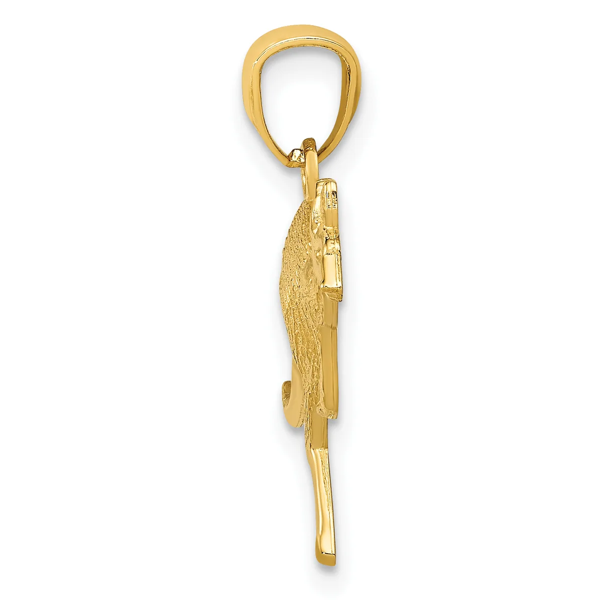 A gold pendant charm shaped like a parrot in profile, suspended from a gold bail loop.