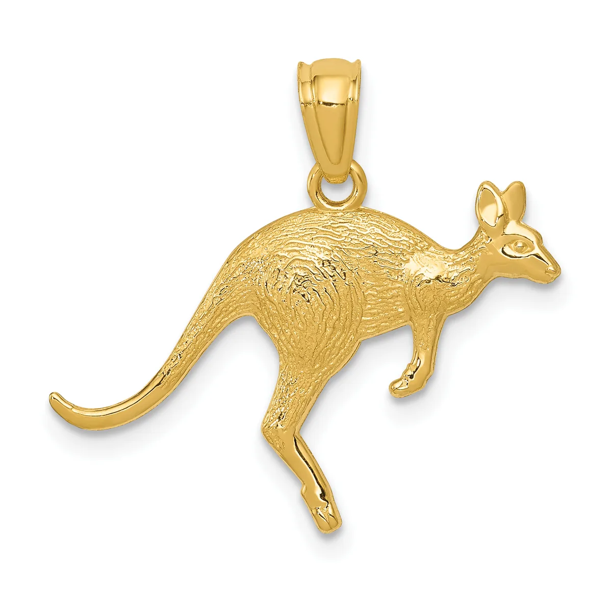 A gold kangaroo pendant with textured body detail, shown in profile facing left with a polished bail loop at the top.