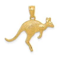 A gold kangaroo pendant with textured body detail, shown in profile facing left with a polished bail loop at the top.