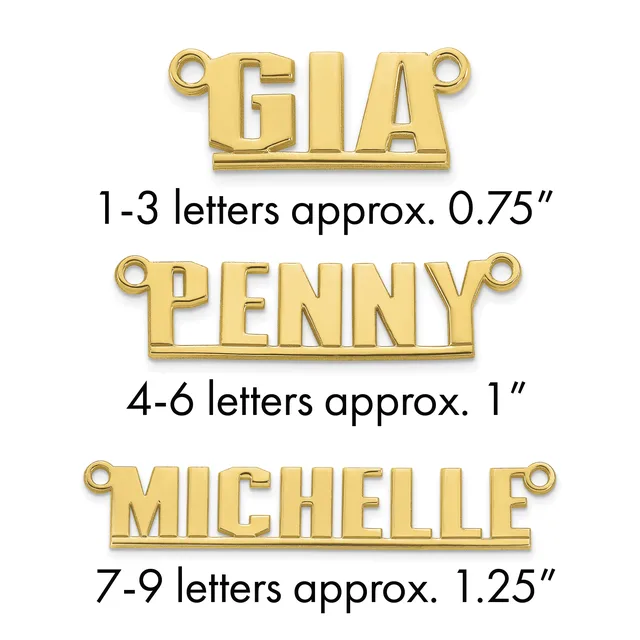 Three gold-colored nameplate pendants with loops showing size examples: "GIA" at 0.75 inches, "PENNY" at 1 inch, and "MICHELLE" at 1.25 inches.