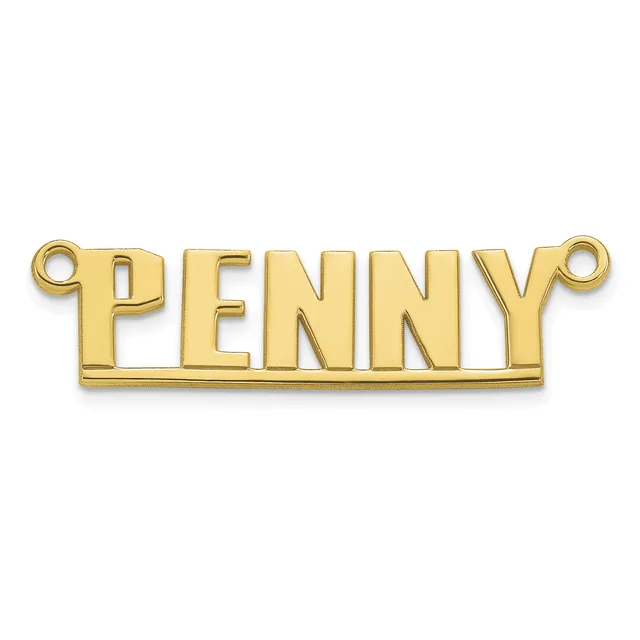 Gold-toned nameplate pendant with the word "PENNY" in raised block letters, featuring small loops at each end for attachment.