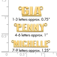 Three gold-colored nameplate charms with jump rings shown at actual size, displaying approximate heights of 0.75 inches for 1-3 letters, 1 inch for 4-6 letters, and 1.25 inches for 7-9 letters.