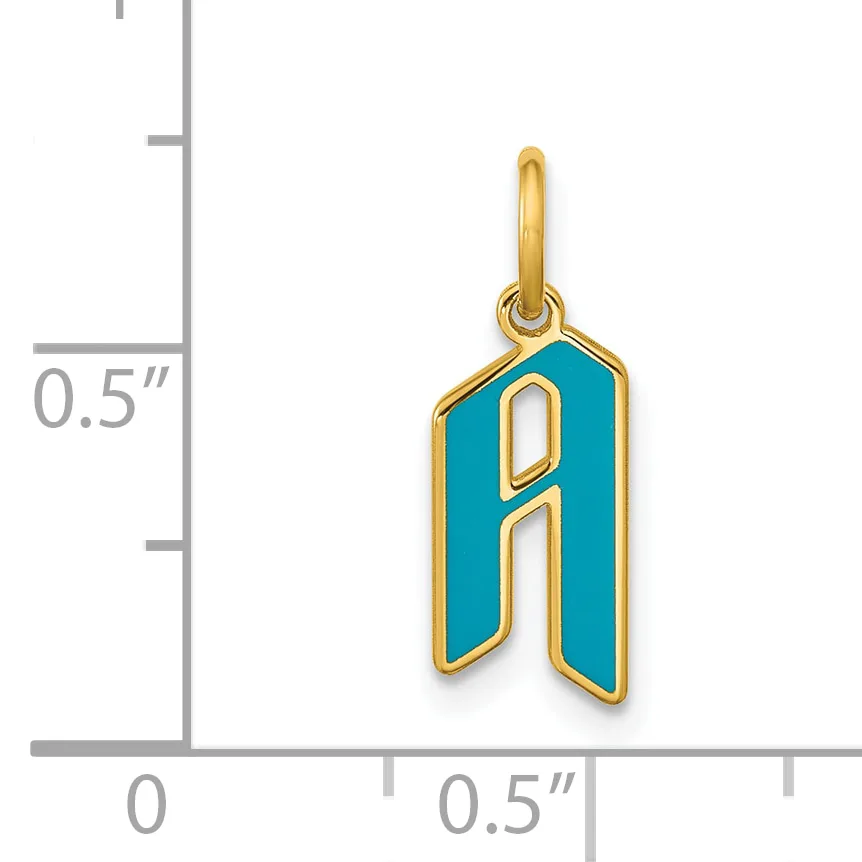Gold-tone charm with turquoise enamel featuring the letter "A" in an outlined style, shown next to a measurement scale indicating approximately half an inch in height.