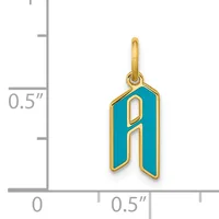 Gold-tone charm with turquoise enamel featuring the letter "A" in an outlined style, shown next to a measurement scale indicating approximately half an inch in height.