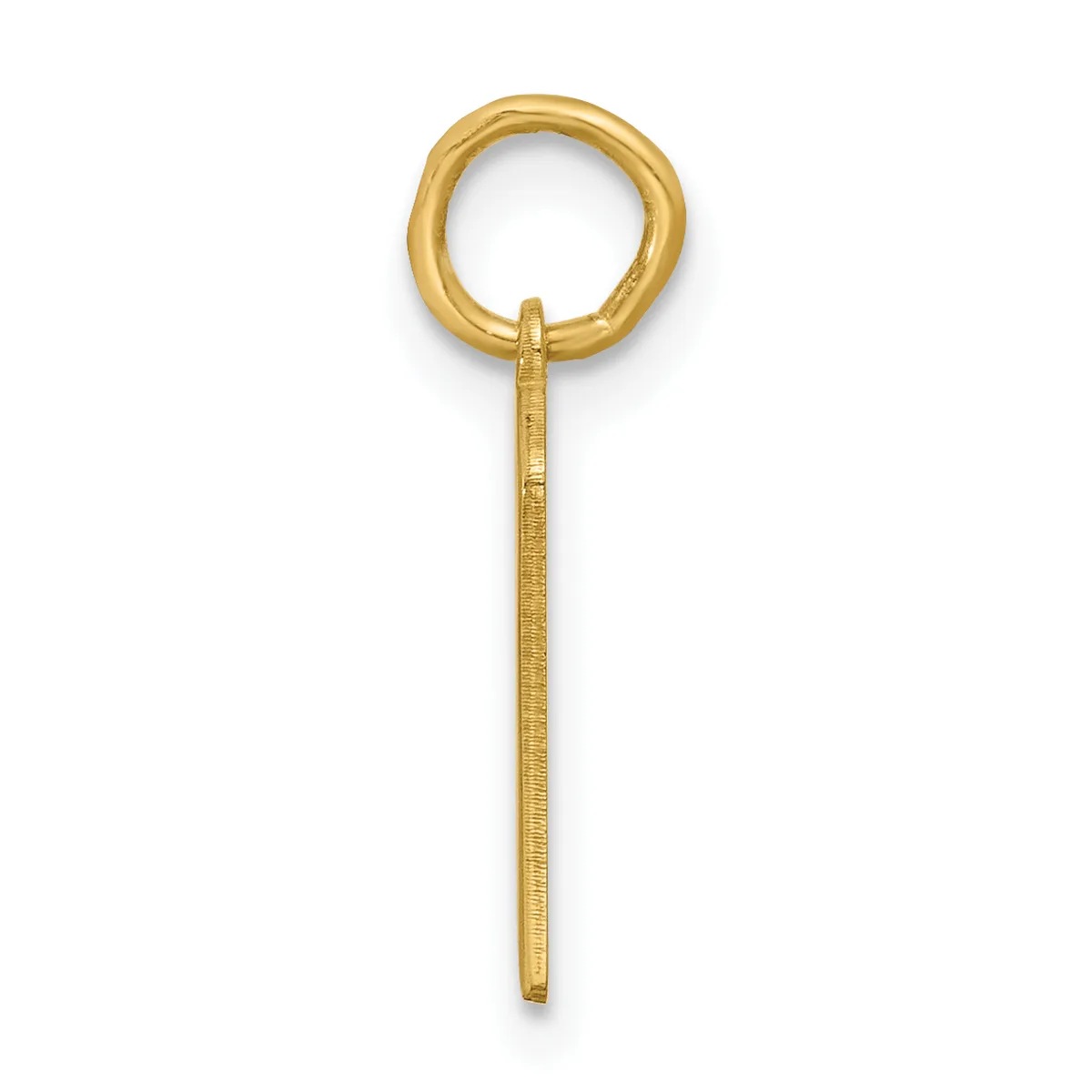 A gold eyelet pendant with a polished circular loop at the top and a textured rectangular stem below.