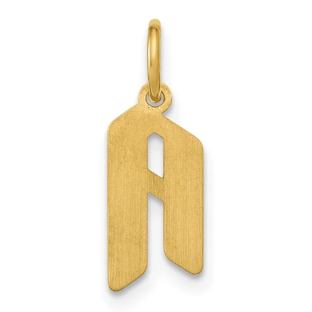 Gold-toned metal pendant in the shape of the letter R with a brushed finish and a bail loop at the top for hanging.
