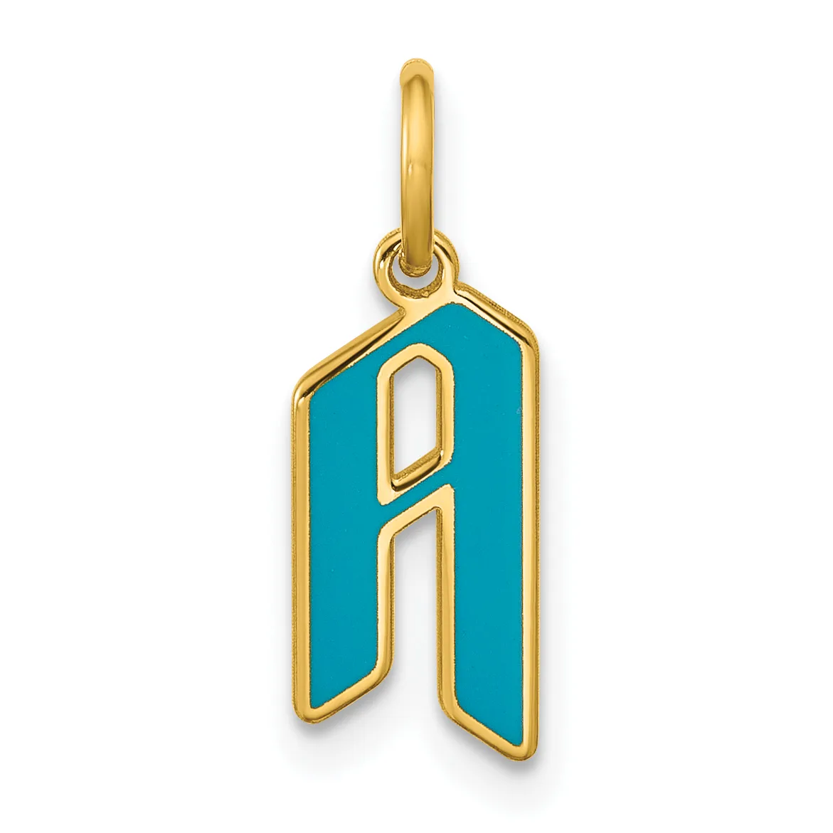Gold pendant charm with turquoise enamel background and cutout letter "A" design, suspended from a gold bail loop.