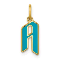 Gold pendant charm with turquoise enamel background and cutout letter "A" design, suspended from a gold bail loop.