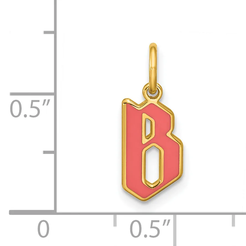 Gold-toned pendant charm with red enamel in the shape of the letter B, shown next to a measurement scale indicating approximately 0.5 inches in height.