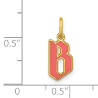 Gold-toned pendant charm with red enamel in the shape of the letter B, shown next to a measurement scale indicating approximately 0.5 inches in height.