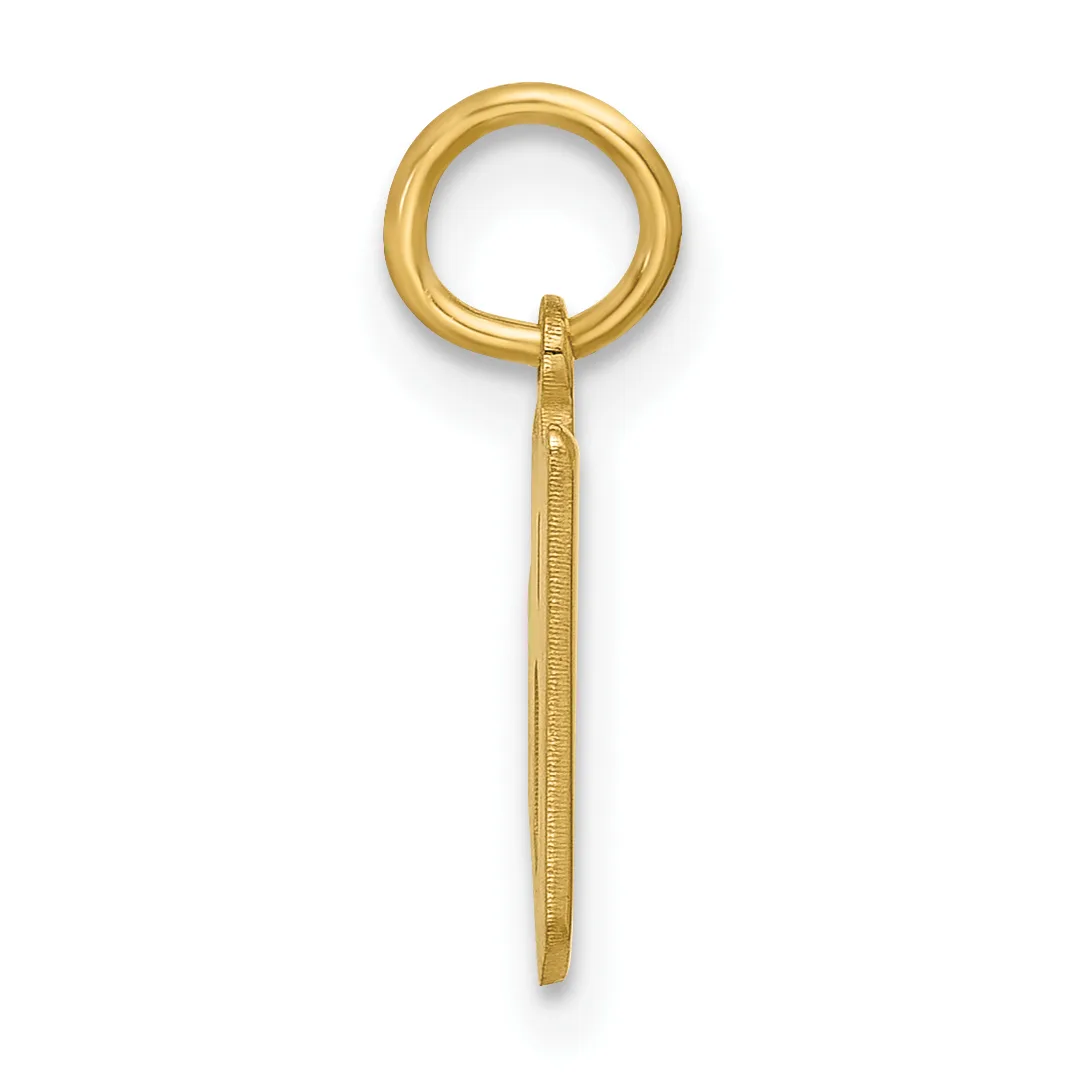 A gold pendant featuring a circular loop at the top with a textured rectangular stem hanging below it.