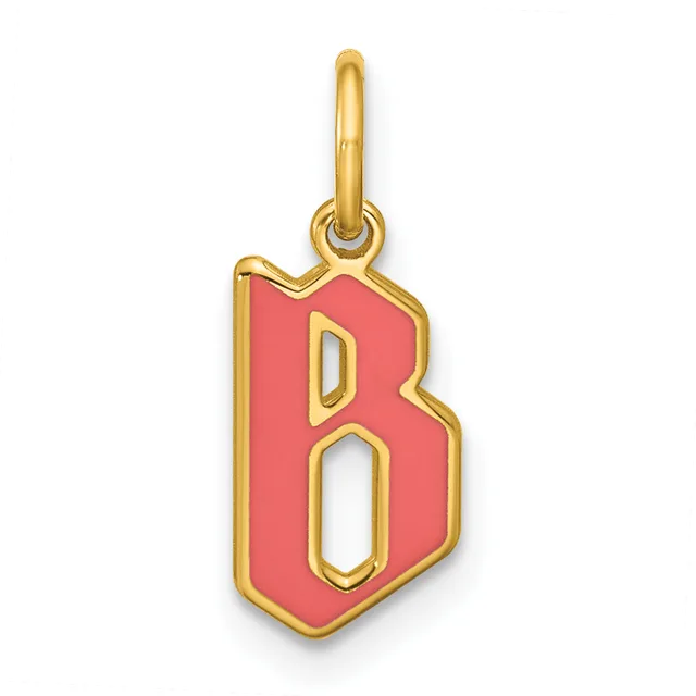 A gold pendant charm with a coral red enamel letter B outlined in gold, suspended from a gold bail.