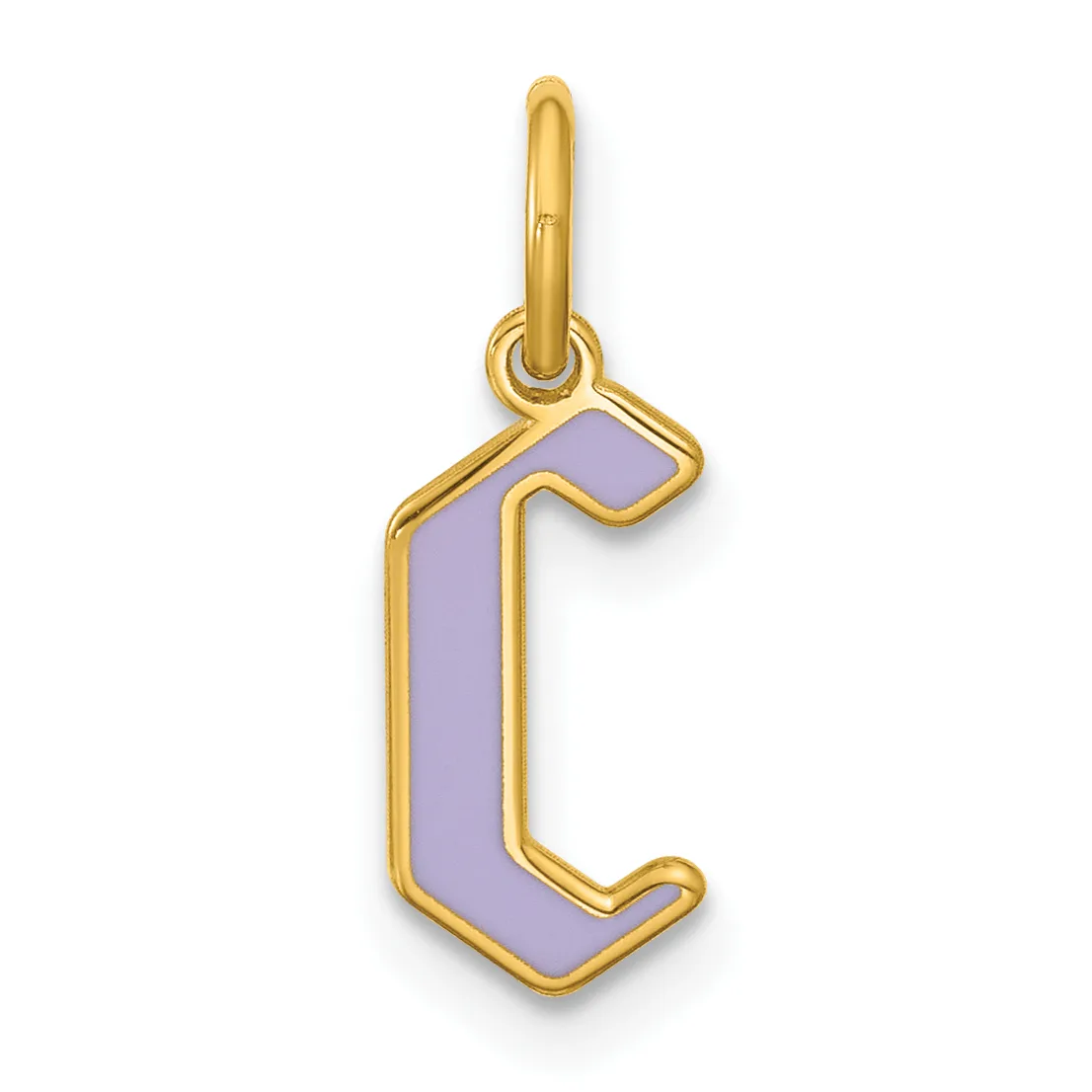Gold-framed pendant charm in the shape of a lowercase letter "c" with lavender enamel fill and a small loop at the top for hanging.