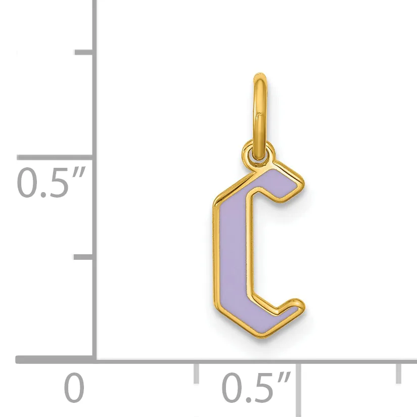 Gold-toned pendant charm shaped like the letter "c" with lavender enamel fill, shown next to a measurement scale indicating approximately 0.5 inches in height.