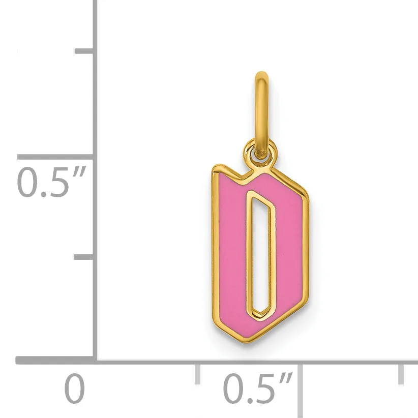 Gold-plated pendant charm with pink enamel in a hexagonal shape with a cutout center, shown next to a ruler indicating approximately half an inch in height.