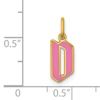 Gold-plated pendant charm with pink enamel in a hexagonal shape with a cutout center, shown next to a ruler indicating approximately half an inch in height.