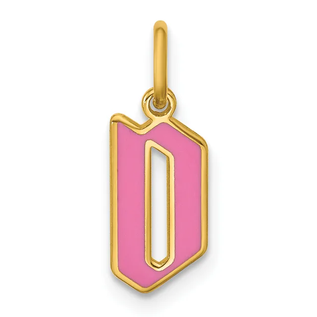 A gold pendant with a pink enamel shield-shaped charm featuring a hollow vertical rectangular cutout, suspended from a thin gold bail.