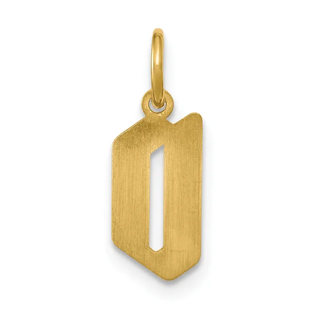 Gold pendant in the shape of the number zero with a brushed finish and a small loop at the top for attachment to a chain.
