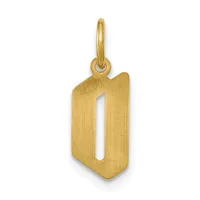 Gold pendant in the shape of the number zero with a brushed finish and a small loop at the top for attachment to a chain.