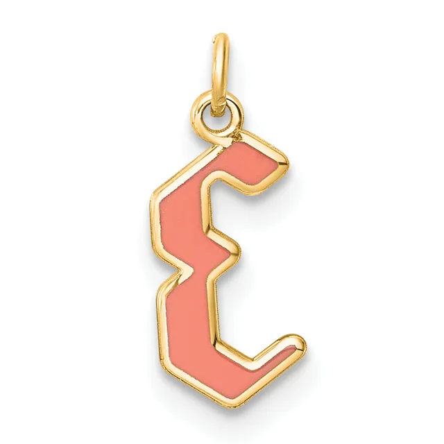 Gold-colored pendant charm shaped like the letter E with coral pink enamel fill and a gold loop at the top for hanging.