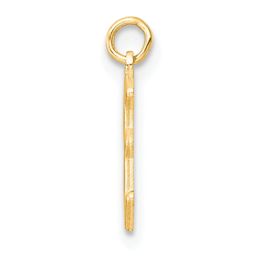 A gold pendant with a circular loop at the top and a long tapered shaft with textured surface detail, shown against a white background.