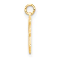 A gold pendant with a circular loop at the top and a long tapered shaft with textured surface detail, shown against a white background.