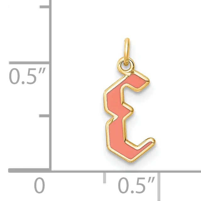 Gold charm with coral-colored enamel in an abstract curved shape, shown next to a measurement scale indicating approximately 0.5 inches in height.
