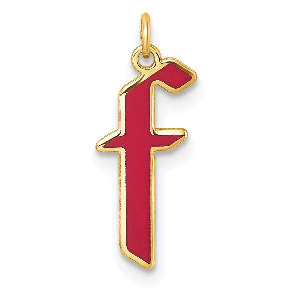 Gold cross pendant with red enamel fill and a small loop at the top for hanging.