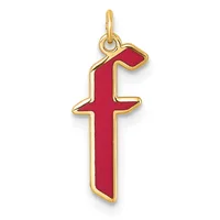 Gold cross pendant with red enamel fill and a small loop at the top for hanging.