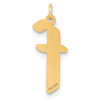 A gold cross pendant with a decorative looped top, featuring a small stamped hallmark on the lower shaft, displayed against a white background.