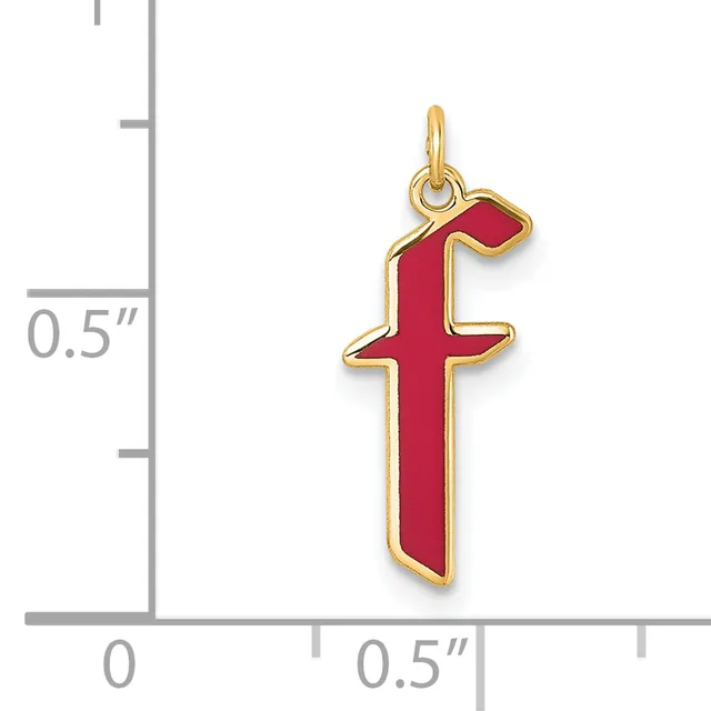 Gold-plated cross pendant with red enamel fill and a small loop at the top, shown against a measurement scale indicating approximately 0.5 inches in width.