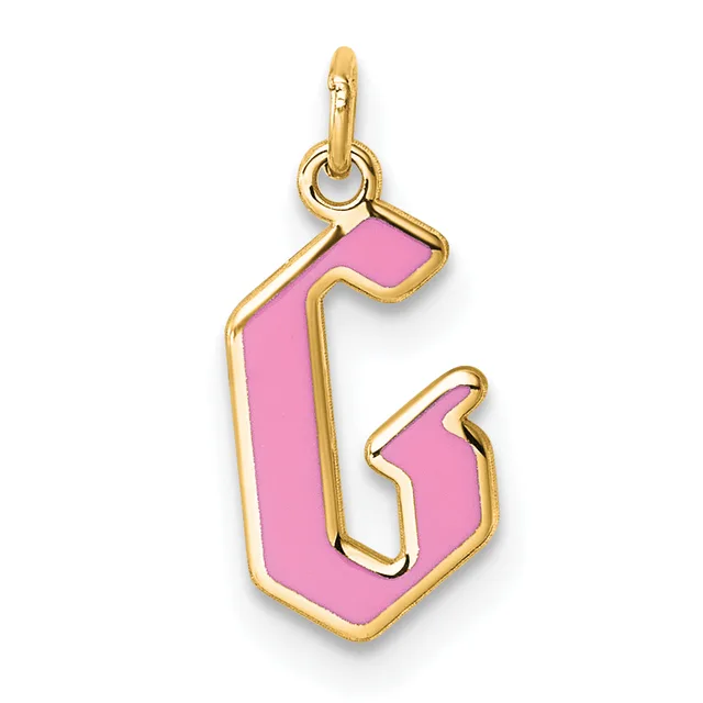 Gold pendant charm with pink enamel in the shape of the letter G, featuring a gold bail loop at the top.