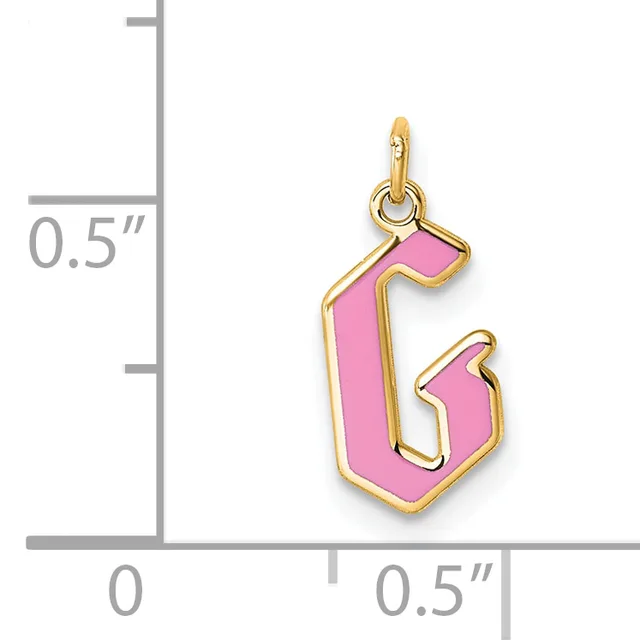 Gold-colored pendant with pink enamel in the shape of the number 13, shown next to a ruler indicating approximately half an inch in height.
