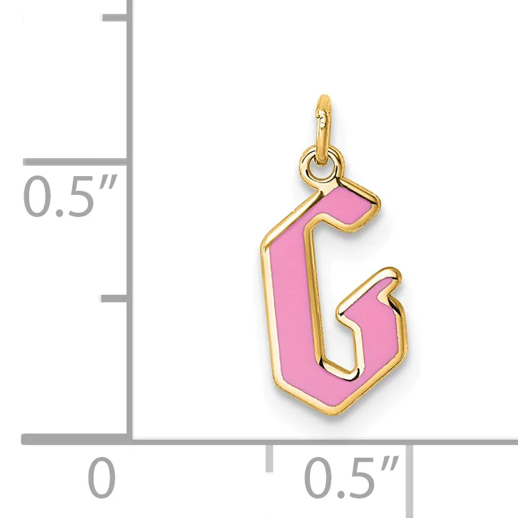 Gold-colored pendant with pink enamel in the shape of the number 13, shown next to a ruler indicating approximately half an inch in height.